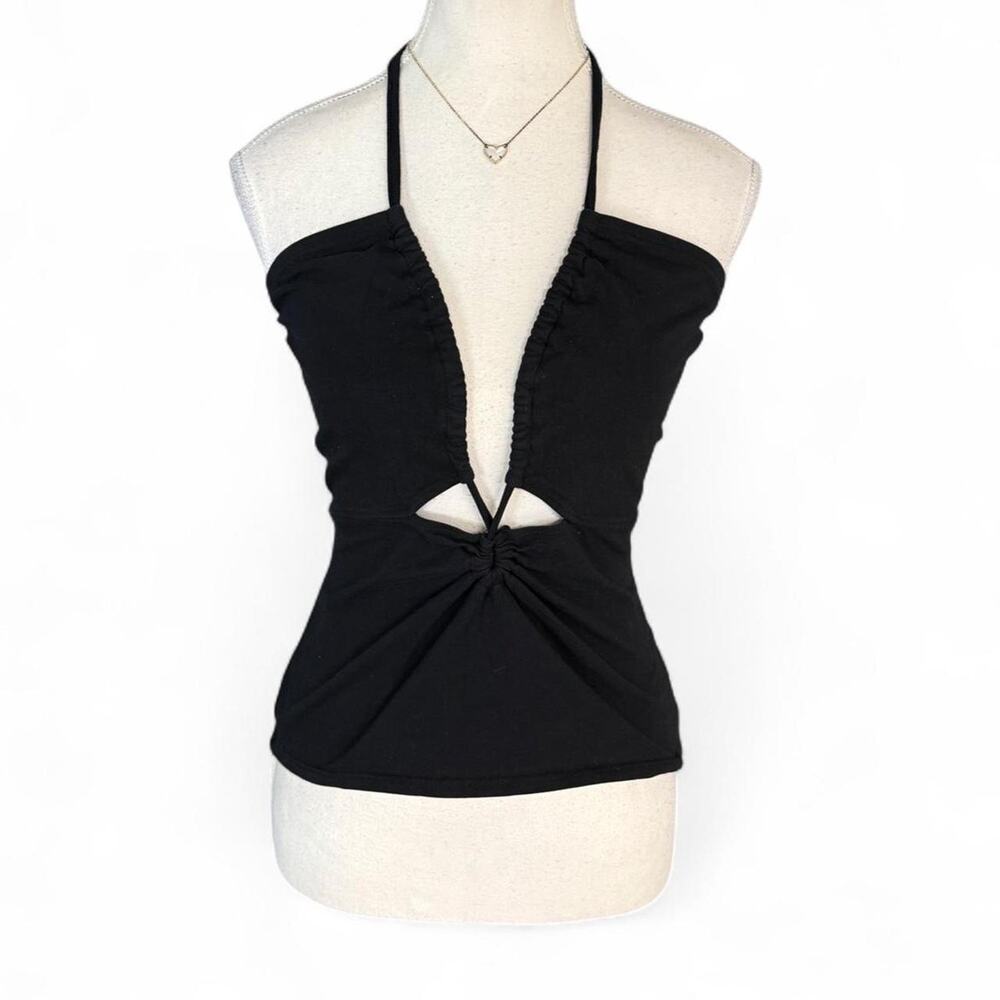 Anthropologie Black halter top with cutout detail tie back size large 93% cotton